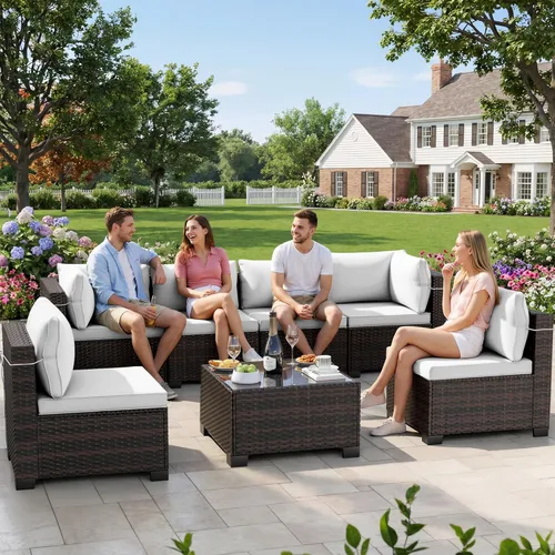 Miniatura 22 de LEVELEVE Juego de muebles de patio al aire libre, sofá seccional de conversación de ratán de tejido manual con mesa de centro de vidrio templado