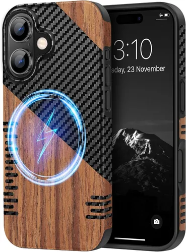 Miniatura 36 de TENDLIN Compatible con iPhone 17 Pro Max Funda de madera con textura de fibra de carbono Diseño de cuero híbrido delgado (negro)