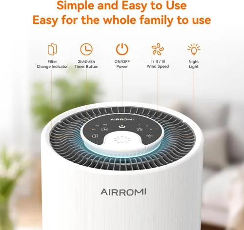 Miniatura 3 de Purificador de aire AIRROMI para dormitorio con filtro HEPA 3-en-1, purificador de aire para mascotas para el olor a orina de gato en el hogar