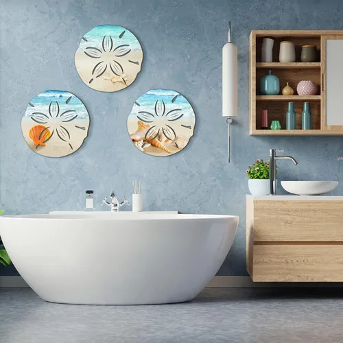 Miniatura 6 de Tatuo 3 piezas de decoración de pared costera de verano para baño, playa, arte de pared azul, tortuga de mar, tabla de surf, caballito de mar