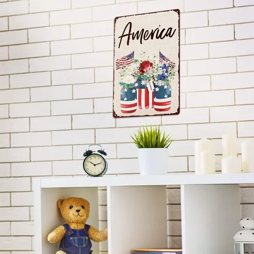 Miniatura 4 de Whaline Letrero patriótico de hojalata con la bandera estadounidense, letrero de metal impreso del 4 de julio, decoración de pared retro para 250