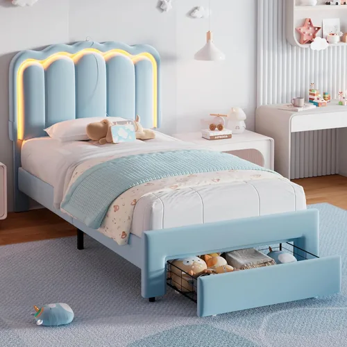 Miniatura 17 de Base de cama LED tapizada tamaño matrimonial con 2 cajones de almacenamiento y cabecera doble ondulada ajustable, cama de plataforma de terciopelo