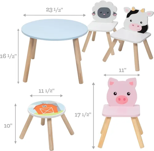 Miniatura 4 de Juego de mesa y silla de animales de madera para niños con 4 asientos, lindo para artes y manualidades de Pascua, ovejas de cerdo de vaca y taburete