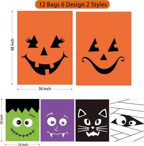 Miniatura 7 de Paquete de 12 bolsas de basura de plástico resistentes con lazos giratorios, 6 diseños de bolsas de basura grandes de calabaza para jardín, césped