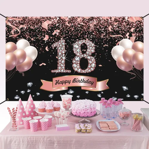 Miniatura 5 de Trgowaul Decoraciones de cumpleaños de oro rosa - Cartel de cumpleaños número 18, telón de fondo para fiestas y fotos