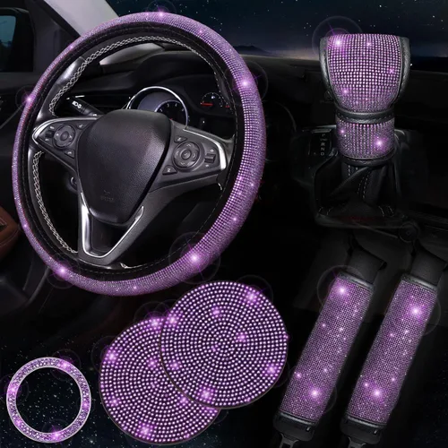 Miniatura 14 de ToBeQueen Juego de fundas para volante brillantes de 15 pulgadas, paquete de 7 piezas con accesorios de diamantes de imitación y cristales