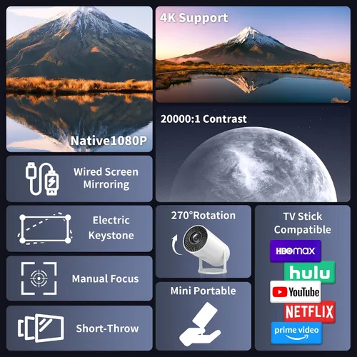 Miniatura 2 de Mini proyector portátil compatible con 4K, proyector pequeño Full HD 1080P con soporte giratorio de 270°, proyector de película compatible con TV