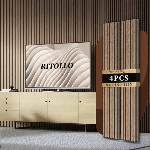 Miniatura 13 de RITOLLO Paneles de listones de madera para pared, 2 piezas de 94.5 x 11 pulgadas, paneles acústicos para decoración de pared interior, panel