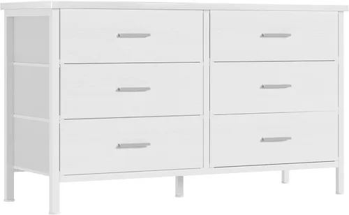 Miniatura 8 de BOLUO Cómoda blanca para dormitorio, 6 cajones, soporte de TV ancho para aparadores de TV de 50 pulgadas y cajoneras de tela para armario moderno
