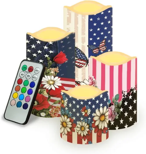 Jeiento American Flag Flameless Candles 4 Pack 4th of July Home Decoration Flower American Flag LED Candles Battery Operated with Timer Remote