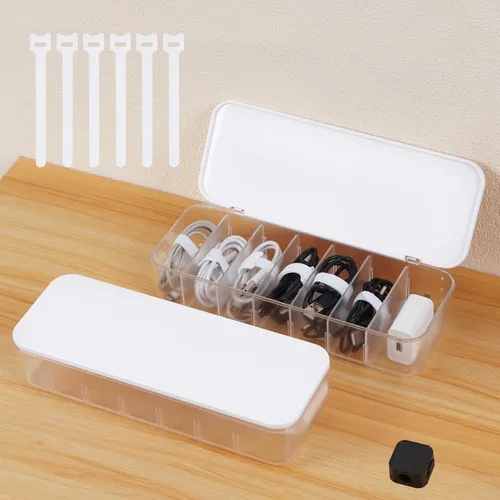 Caja organizadora de cables con 14 bridas de alambre y 6 clips magnéticos para cables, caja de gestión de cables de escritorio con divisores y tapa
