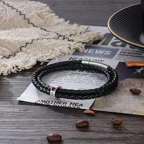 Miniatura 22 de Pulsera personalizada para el Día del Padre para hombre, pulseras personalizadas de cuero trenzado negro con cuentas grabadas de 1 a 8 nombres