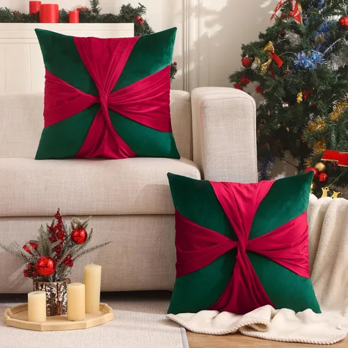 Miniatura 5 de Juego de 2 fundas de almohada de Navidad de 18 x 18 pulgadas, fundas de almohada de terciopelo con ciervos de Navidad color verde oscuro, fundas