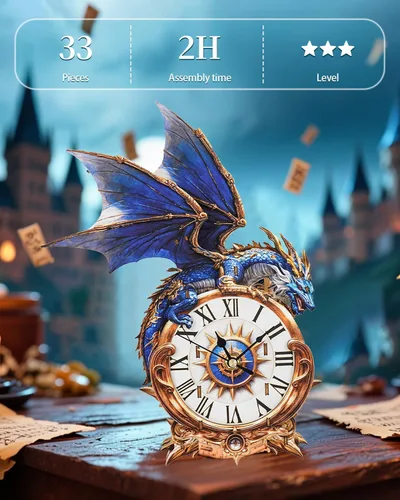 Miniatura 7 de Rompecabezas de madera 3D para adultos, kit de modelo de reloj de dragón azul con péndulo, rompecabezas 3D para adultos, kit de reloj de pared DIY