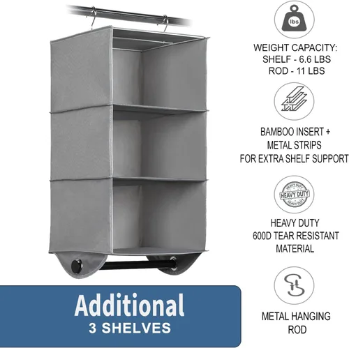 Miniatura 4 de HOLDN' STORAGE Organizador colgante de armario con barra de ropa, estantes colgantes de 3 estantes resistentes para ropa, suéteres y zapatos, unidad