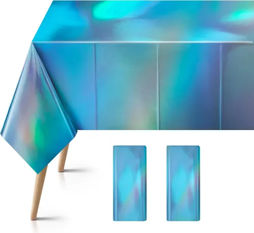 Miniatura 15 de 1 mantel de plástico iridiscente azul, desechable, brillante, de 54 x 72 pulgadas, mantel rectangular holográfico con láser, mantel de aluminio