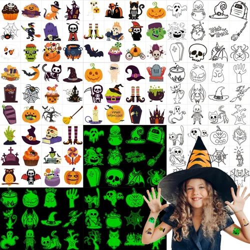 600 tatuajes temporales de Halloween para niños, varios colores y que brillan en la oscuridad, calcomanías de tatuajes para fiestas de Halloween,