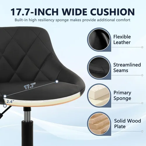 Miniatura 6 de KLASIKA Black Low Back Rolling Stool PU Leather Vanity Stools, Adjustable Height Ergonomic Swivel Rolling Desk Stool Work Office Swivel Chair