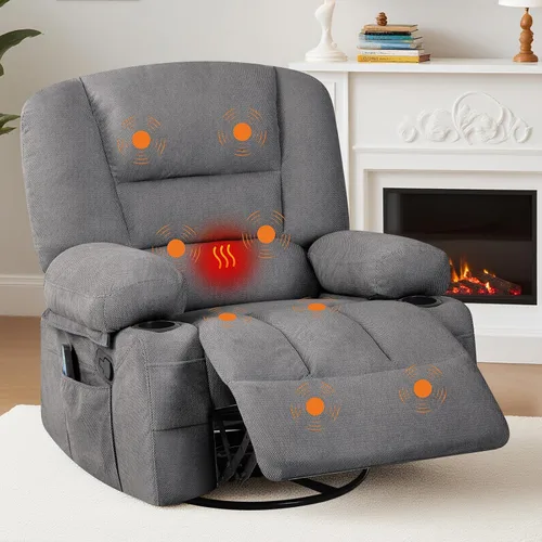 Miniatura 10 de Silla reclinable ancha de gran tamaño, masaje de calor y vibración, silla mecedora giratoria de 360° para adultos, silla reclinable manual de tela