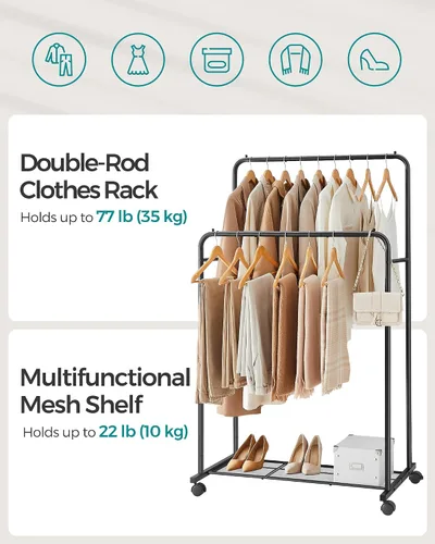 Miniatura 3 de SONGMICS Perchero de doble barra con ruedas, perchero para colgar ropa, perchero resistente con estante de almacenamiento de malla, 2 frenos, cada