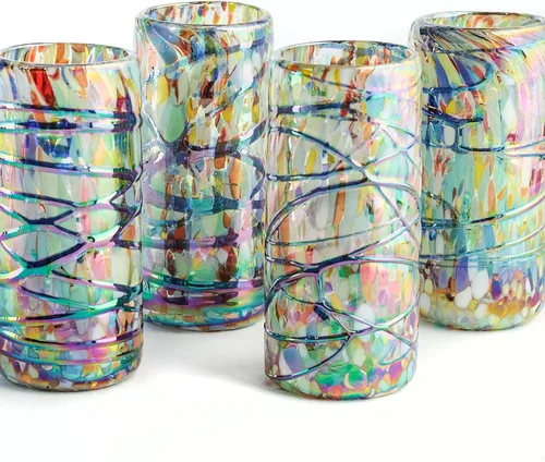Miniatura 32 de Specialty - Vasos de tequila mexicanos, soplados a mano con color y textura únicos, juego de 4 piezas (borde azul)