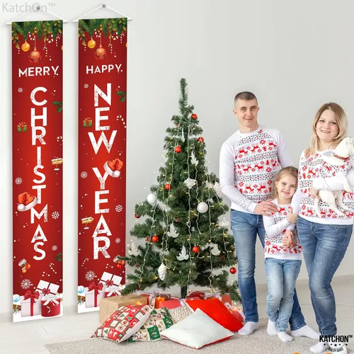 Miniatura 9 de KatchOn, Cartel de Feliz Navidad – 72 x 12 pulgadas, paquete de 2 Cartel de Feliz Año Nuevo para decoraciones de Año Nuevo 2025 Cartel de puerta