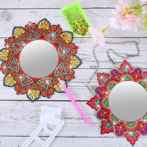 Miniatura 7 de Weysat Paquete de 2 espejos de pintura de diamantes, espejo de pintura de arte de diamante, mandala de cristal de diamantes de imitación