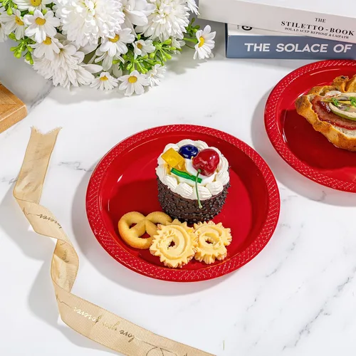Miniatura 5 de WELLIFE Platos de plástico rojos de 7 pulgadas, 50 platos desechables para fiesta, día de la madre, plato pequeño de postre para cena, pasteles