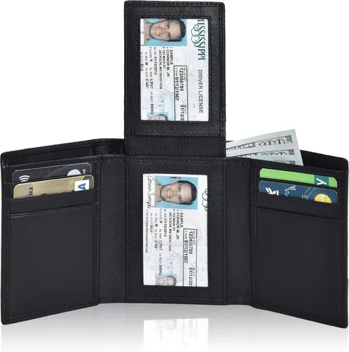 Cartera de cuero RFID hecha a mano para hombres, elegante cartera de bolsillo frontal triple con 2 ranuras para identificación y 9 tarjetas, Negro
