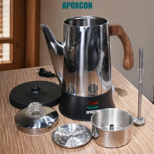 Miniatura 3 de APOXCON Cafetera eléctrica de acero inoxidable con dos perillas de vidrio resistentes al calor y mango de madera tratada con función de mantener