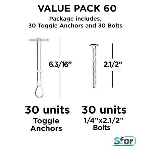 Miniatura 2 de SFOR Paquete de 60 anclajes de perno de palanca de 1/4 pulgadas Anclajes para paneles de yeso, tornillos para paneles de yeso, anclajes de pared