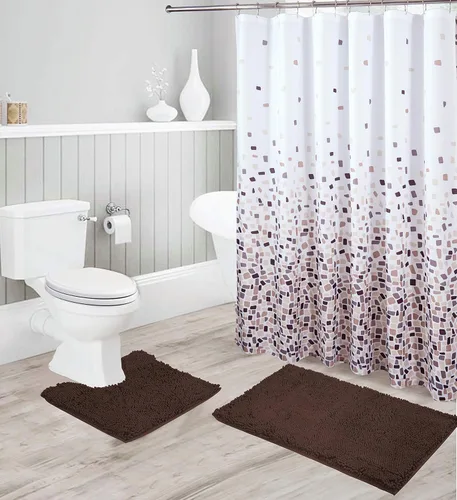 Miniatura 7 de Linen Plus - Juego de baño que incluye tapete de baño de felpilla suave antideslizante, tapete de contorno, cortina de ducha y ganchos de acero