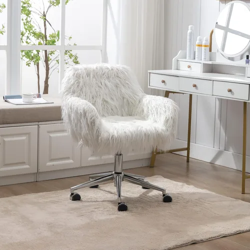 Miniatura 10 de Silla de escritorio de piel sintética rosa, lindo asiento acolchado tapizado, decoración de tocador, silla de oficina giratoria de altura ajustable