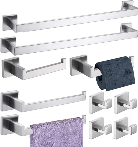 Juego de Herrajes de Baño de 10 Piezas Níquel Cepillado Juego de Accesorios de Baño SUS304 Juego de Barras para Toallas Incluye 2 Barras para