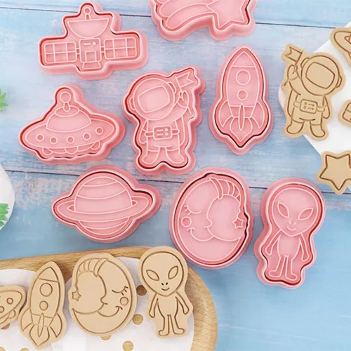 Miniatura 6 de Juego de 8 moldes de galletas de astronauta para hornear, moldes de galletas alienígenas, juego de moldes de galletas de meteoritos y herramientas