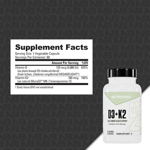 Miniatura 2 de NutraBio Vitamina D3 K2 5000 UI D3 como colecalciferol con vitamina K2 como MENA-Q MK7 (180 mcg) Apoya la salud ósea y cardíaca Sin OMG, sin