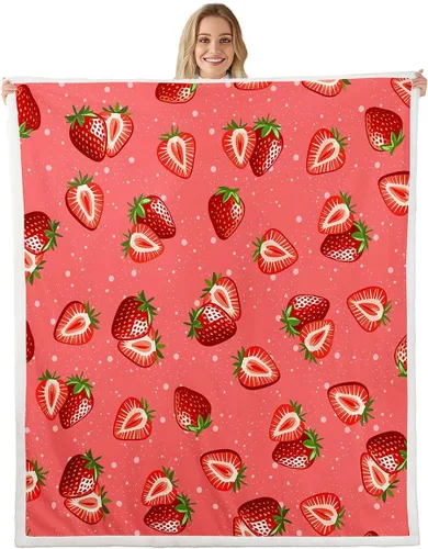 Feelyou Manta femenina de vellón sherpa de fresa para niños y niñas, estampado de frutas tropicales, felpa rosa dulce fresa mullida para sofá y