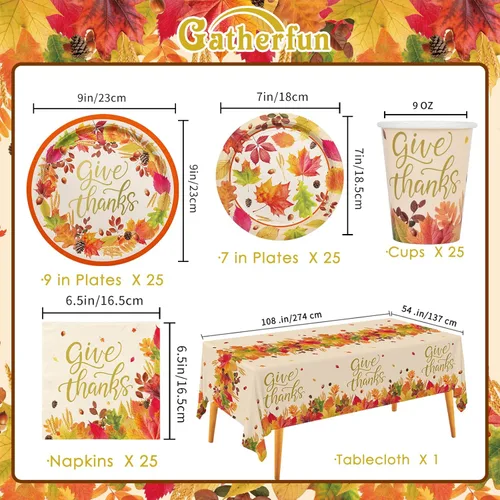 Miniatura 2 de Kit de suministros para fiestas temáticas de otoño, sirve 25, vajilla desechable de cosecha de otoño incluye: platos llanos de papel, platos