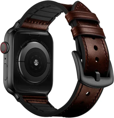 Miniatura 20 de OUHENG Correas de cuero compatibles con Apple Watch de 42mm 41mm 40mm 38mm, correa híbrida de cuero genuino y goma para iWatch Series 11 10 9 8 7 6
