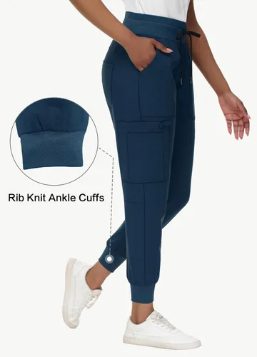 Miniatura 4 de Pantalones médicos para mujer con 8 bolsillos, de punto acanalado, cintura media, ajuste delgado, estilo deportivo