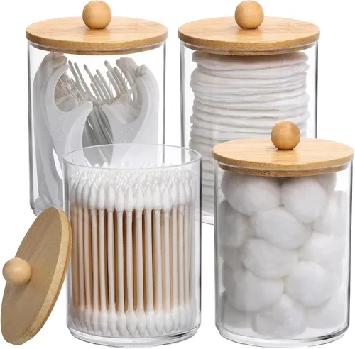 Miniatura 8 de Tbestmax Tarros de baño con soporte Qtip de 10 onzas para hisopos de bolas de algodón, dispensador de almacenamiento, tapa de bambú (paquete de 2)