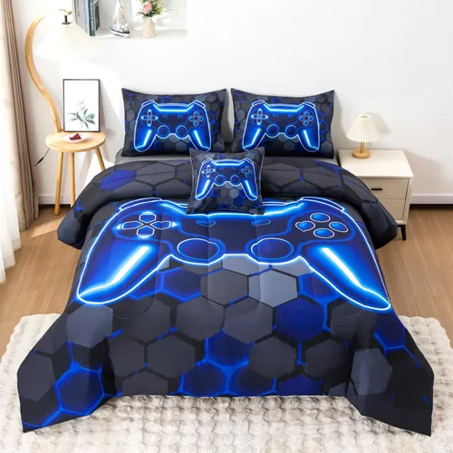 Miniatura 12 de Juego de edredón de 6 piezas para niños y adolescentes, niños y niñas, cama temática de videojuegos con grafitis de colores en una bolsa