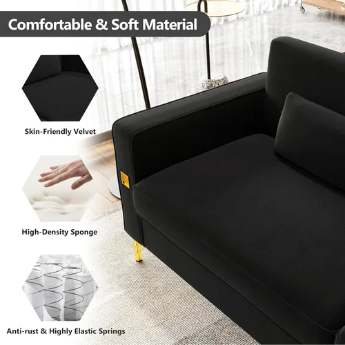 Miniatura 3 de Sofá moderno de terciopelo negro de mediados de siglo de 85.63 pulgadas con patas doradas de metal, sofás de dos plazas copetudos de 3 plazas con 2
