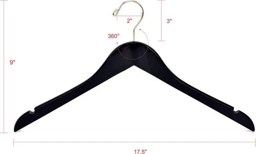Miniatura 6 de Perchas de madera negra semicurvadas de calidad, paquete de 80 perchas de madera maciza con acabado liso con gancho giratorio, chaqueta, pantalón