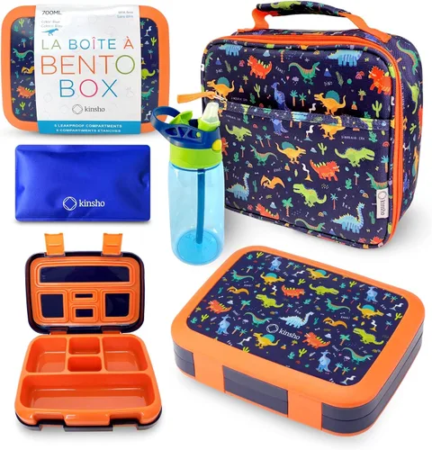 kinsho Lonchera Bento con bolsa aislada, botella de agua y bolsa de hielo para niños pequeños, 5 secciones de porciones, bandeja extraíble sin BPA,