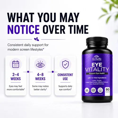 Miniatura 5 de HerbaMe Suplemento de vitaminas para los ojos con luteína, arándano, betacaroteno, L-taurina, zinc y quercetina, 90 cápsulas, apoya la visión