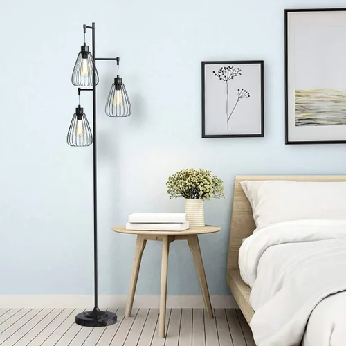 Miniatura 3 de Tangkula - Lámpara rústica de árbol de 3 cabezas, lámpara de pie de metal de 67 pulgadas con 3 pantallas colgantes, iluminación de jaula para sala