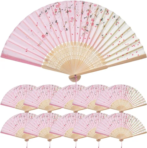 Miniatura 6 de QIRMIZI 10 ventiladores de mano, abanicos plegables de seda, abanicos plegables florales para cumpleaños, baile, cosplay, bodas, fiestas y eventos