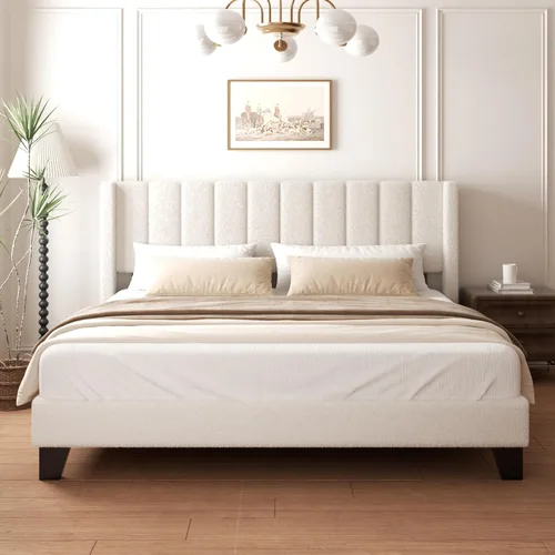 Miniatura 3 de Base de cama King con cabecero tapizado, base de cama con cabecera de terciopelo de peluche, soporte de listones de madera, diseño de borde de ala