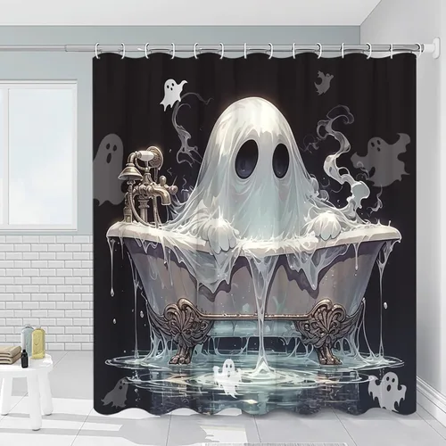 Miniatura 3 de Cortina de ducha espeluznante de terror para Halloween, fondo negro, decoración de ambiente festivo, decoración de baño, poliéster, impermeable